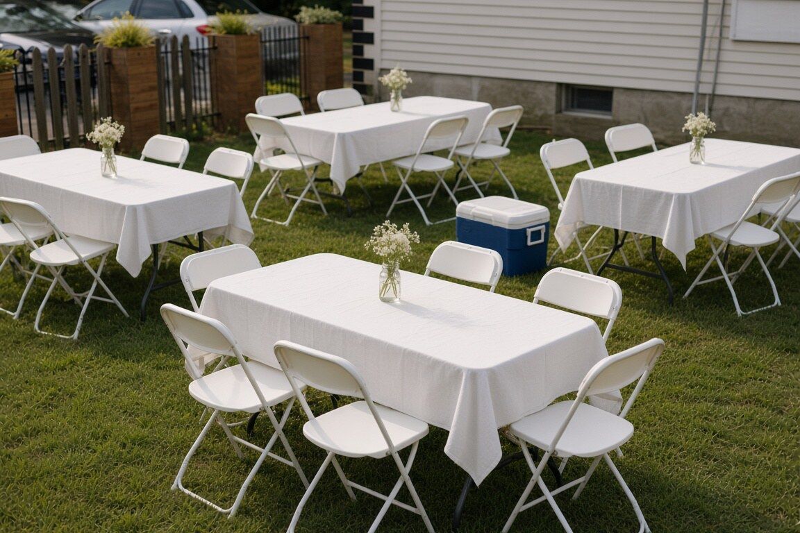 Styling idea: four white-clothed tables with white folding chairs on a backyard lawn
