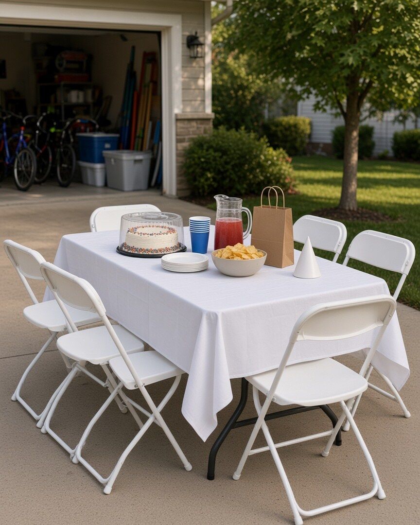 Styling idea: kids' birthday table on a driveway with a white tablecloth, white folding chairs, a sprinkle cake and party cups