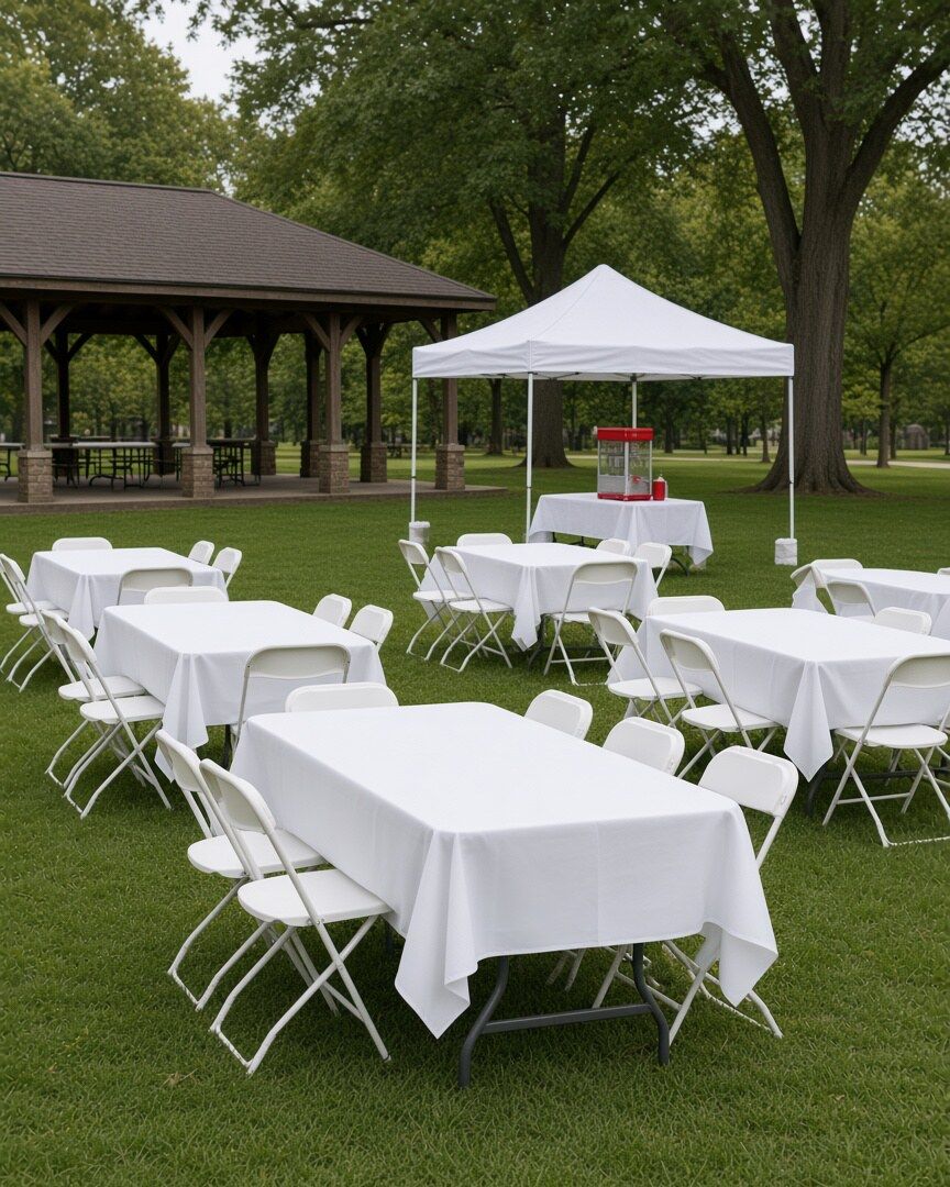 Styling idea: white-clothed picnic tables, a canopy and a popcorn machine beside a park pavilion