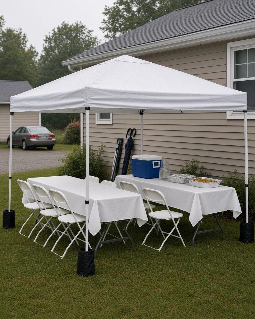 Styling idea: white pop-up canopy over white-clothed tables and folding chairs beside a house on an overcast day