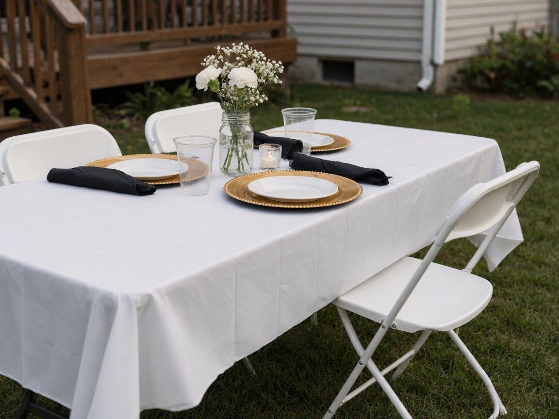 Styling idea: backyard table set with gold chargers, black napkins and a jar of white flowers