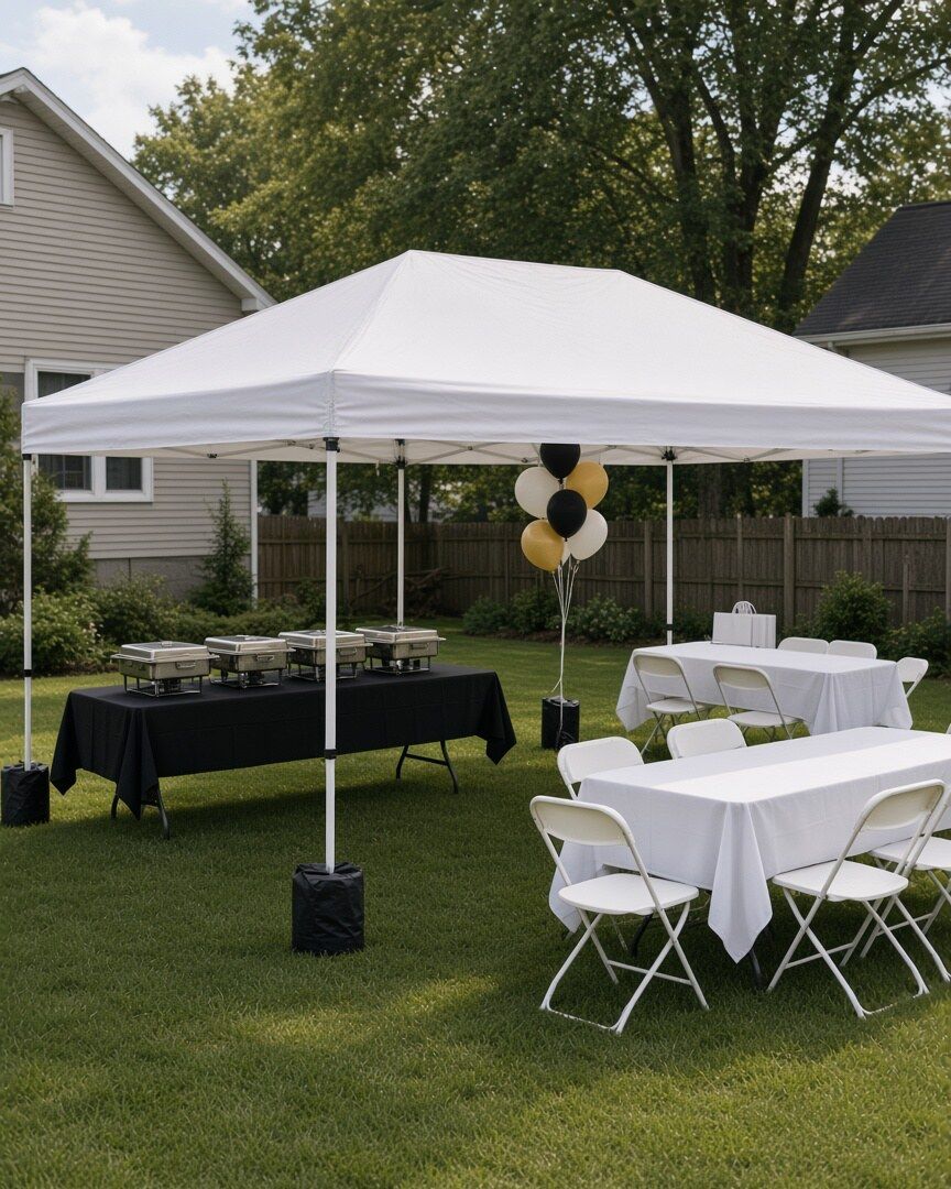 Styling idea: backyard graduation open house with a canopy-covered buffet, black and gold balloons and white-clothed tables