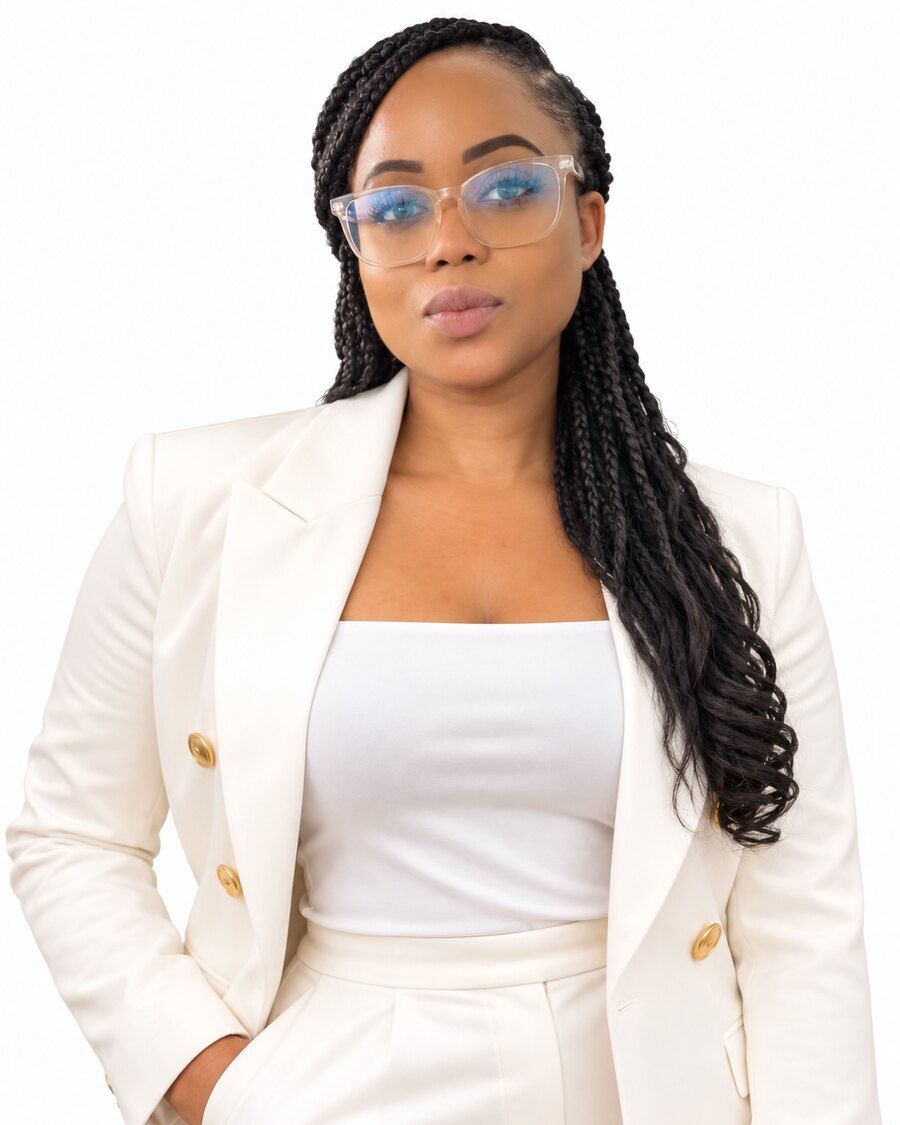 Portrait of Patrice, owner of Patty's Event Rentals, in a cream suit