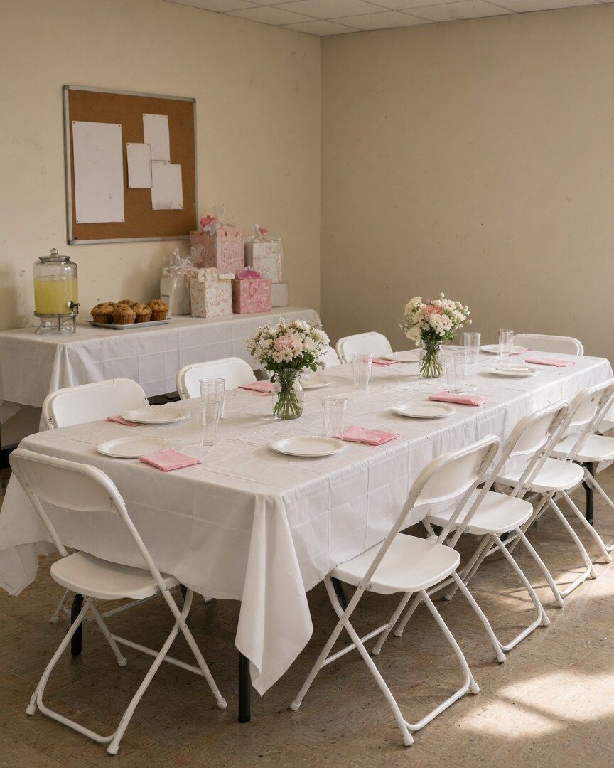 Styling idea: shower brunch in a community hall with white linens, blush napkins, flowers and a lemonade dispenser
