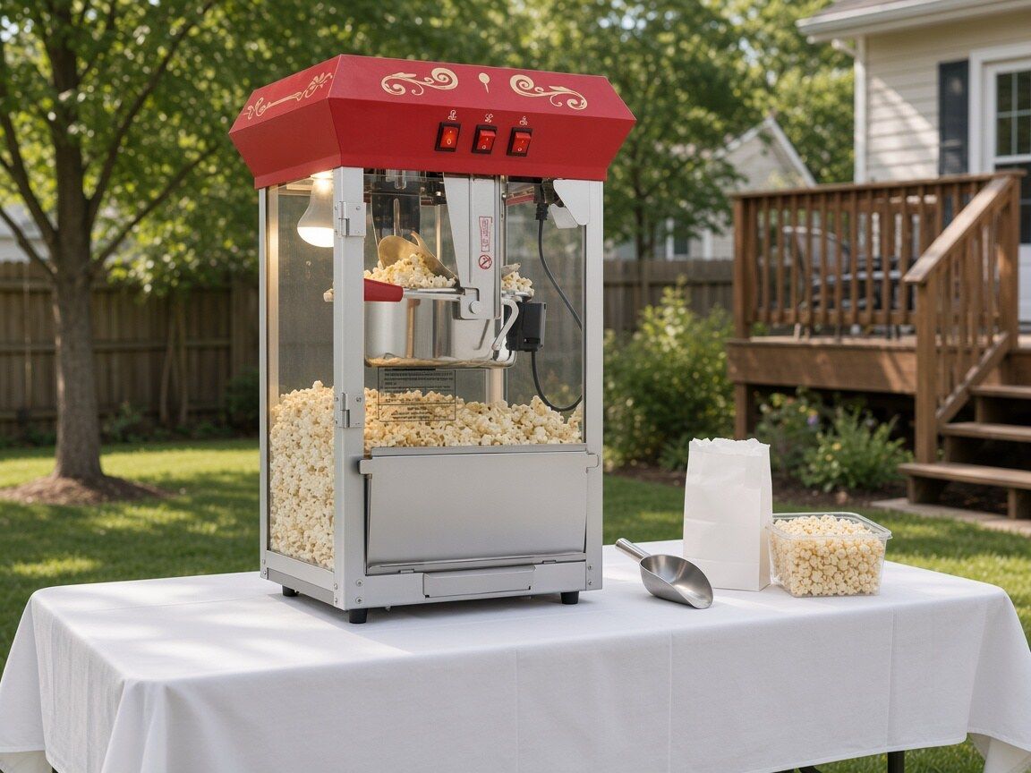 Red-topped tabletop popcorn machine full of popcorn on a white-clothed backyard table