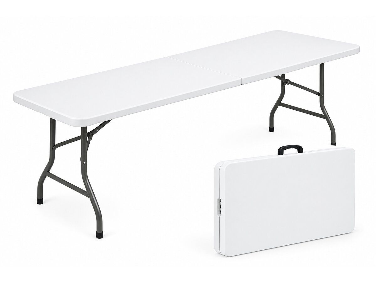 White 8-foot folding table shown open and folded in half