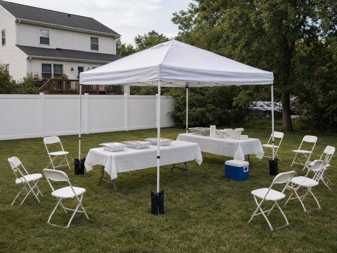 Styling idea: white pop-up canopy over a backyard buffet, with white folding chairs around it